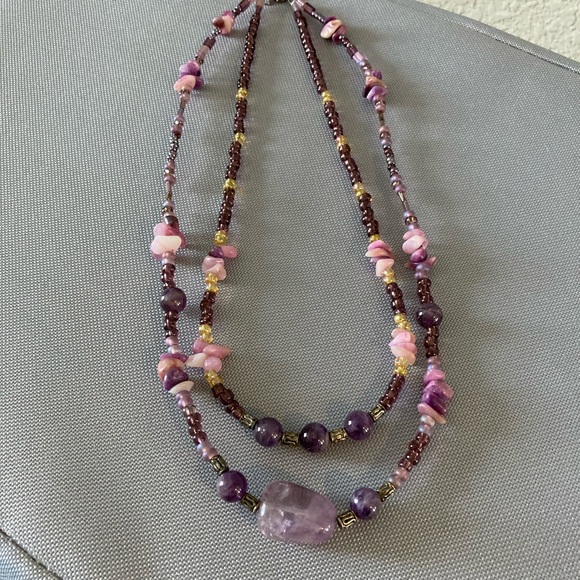 Multilayered Amethyst? Beaded Double Strand Semi Precious Boho Necklace - Picture 11 of 16
